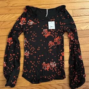 Free People Black and Red Floral Bell Sleeves Blouse